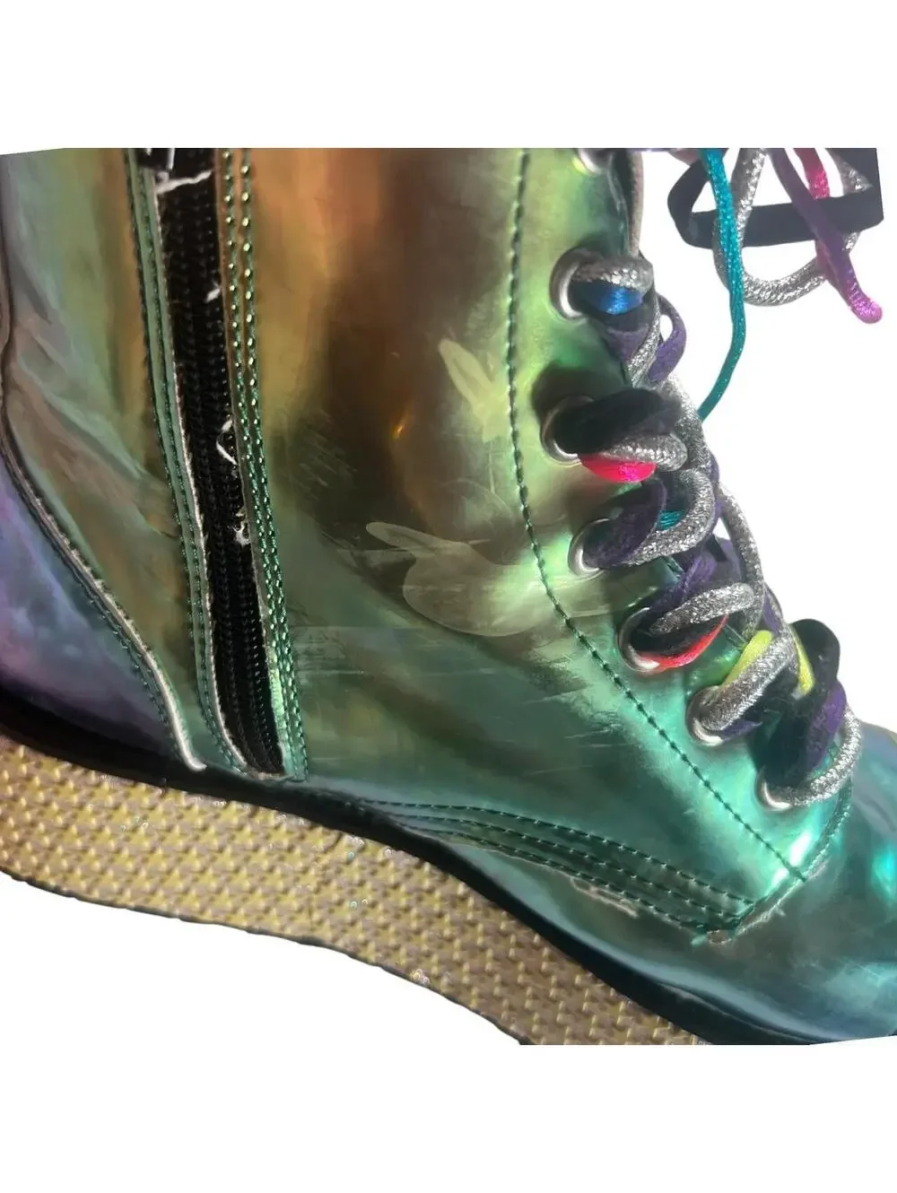 TUK x Dollskill Iridescent Rainbow Star Studded Platform Combat Boots
